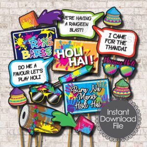 Holi Celebration Photo Booth Props – Set of 15 – Rang Barse, Holi Hai, Colourful Party, Instant Download, Printable, Print your own, DIY